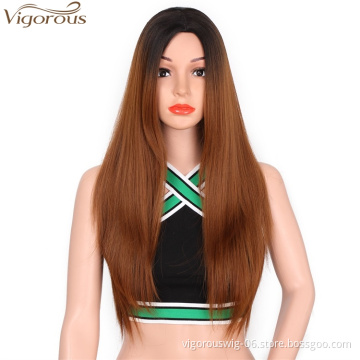 Vigorous 2 Tone Ombre Dark Root To Light Auburn Long Silky Straight Synthetic Wigs Middle Part  Natural Looking Cospaly Wigs